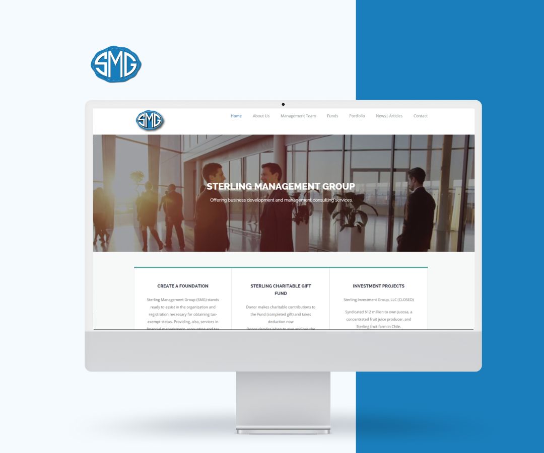This portfolio depicts a modern website design for Sterling Management Group (SMG) with a clean layout and a bright office banner. It highlights sections like Strategy & Execution, Stirling Capital Fund, and Investment Projects.