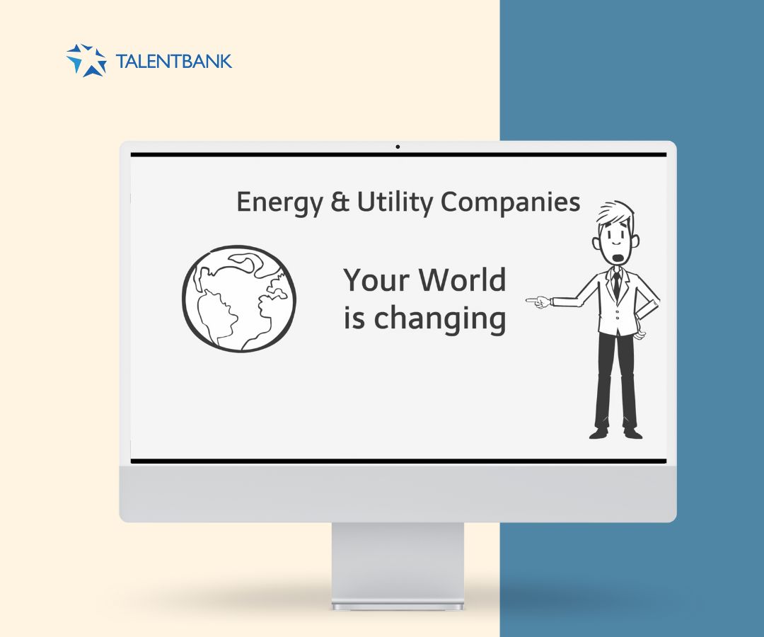 This portfolio image depicts a modern desktop display featuring the message “Energy & Utility Companies – Your World is changing,” alongside a globe icon and a simple character illustration. The clean beige and blue color palette creates a professional and minimalist corporate design.