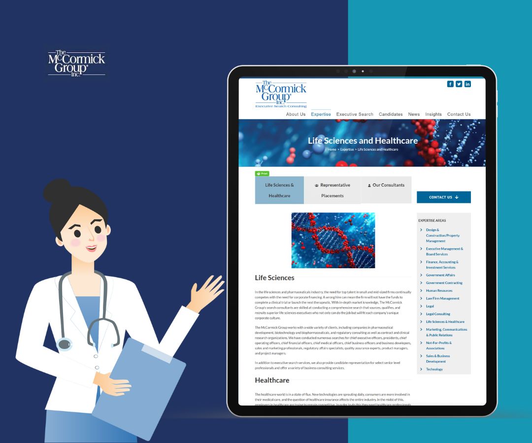Portfolio graphic showcasing a healthcare professional illustration beside a tablet displaying a life sciences and healthcare webpage, emphasizing a polished and technology-driven approach to medical and consulting services.