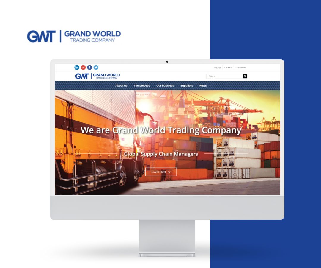 portfolio (34) A clean, modern portfolio mockup featuring the Grand World Trading Company website displayed on a desktop screen, highlighting global logistics and supply chain services with a bold, professional design.