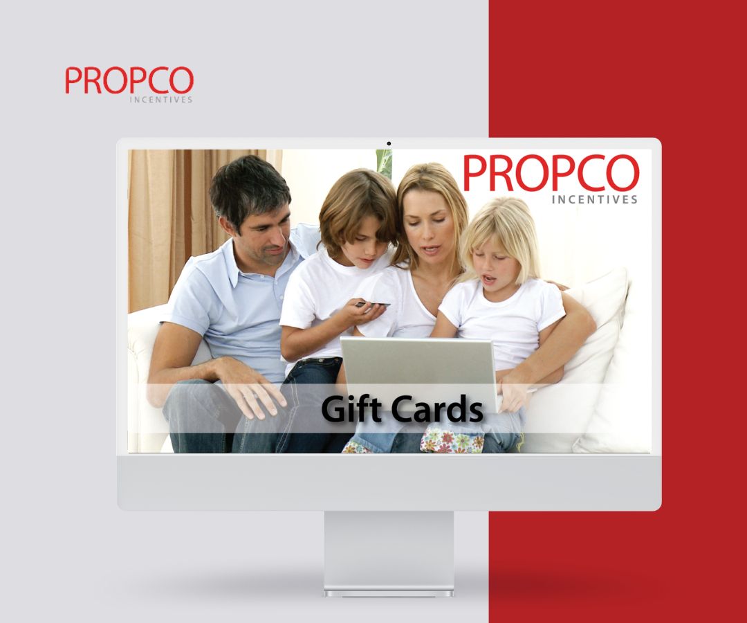 Portfolio depicts a modern promotional display featuring “Gift Cards” by Propco Incentives, showcasing a family using a laptop to convey convenience, rewards, and shared digital engagement.