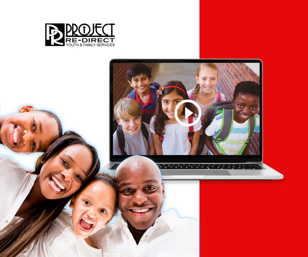Project Re-Direct LSI Website Portfolio Featured Image (2) A smiling family posing together in the foreground, with a laptop behind them displaying a group of happy children. The background is split into light gray and red sections.