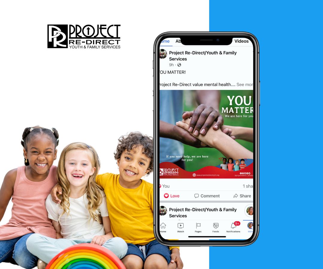 Project Re-Direct LSI Website Portfolio Featured Image A bright and friendly image showing three happy children sitting together on the left, smiling and holding a rainbow toy. On the right, a smartphone displays a social media post from Project Re-Direct about mental health.