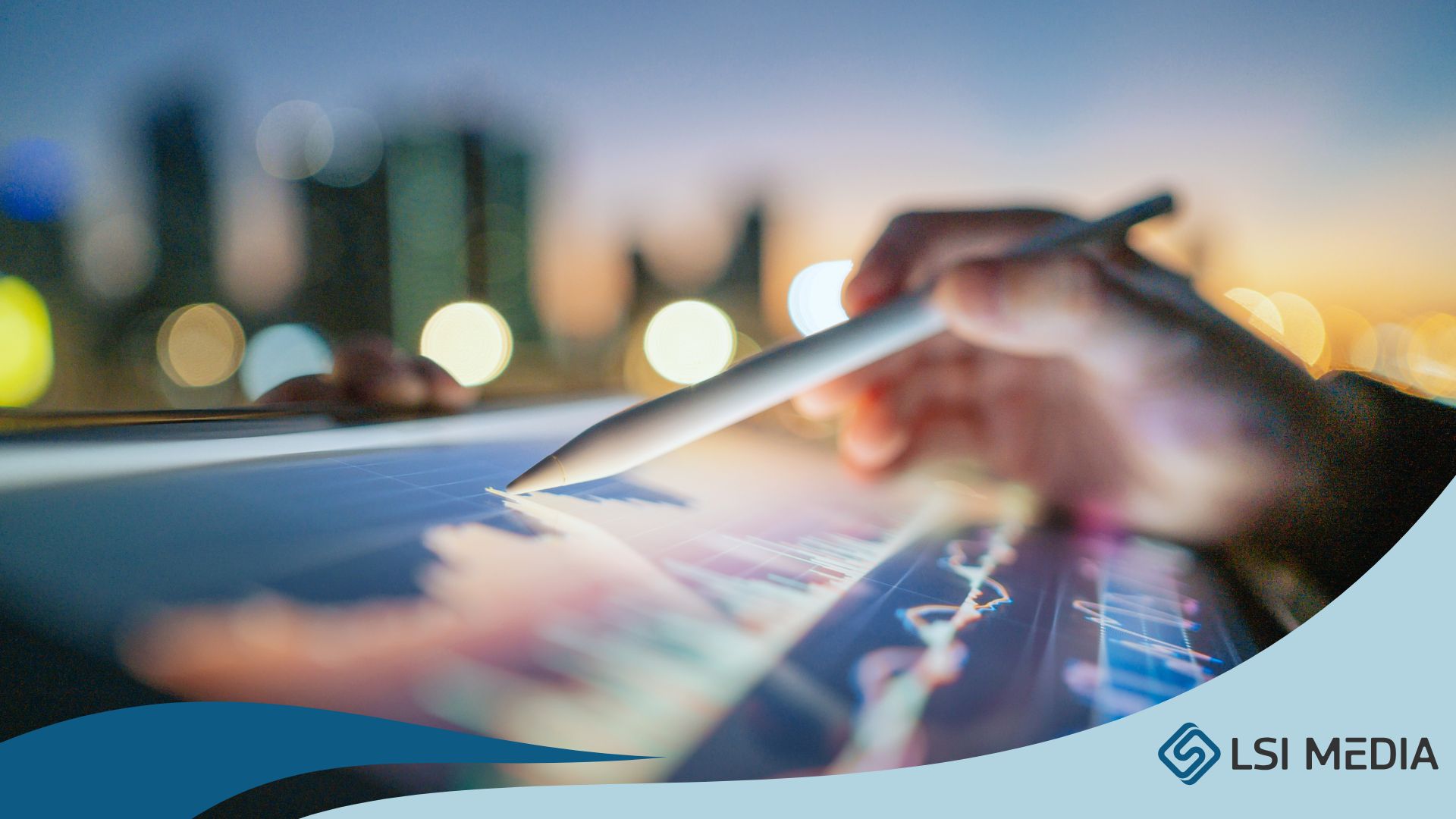 LSI Media Maximize ROI with Data-Driven Marketing Campaigns Featured Image showing a hand holding a stylus over tablet displaying metrics with a blurred city background.