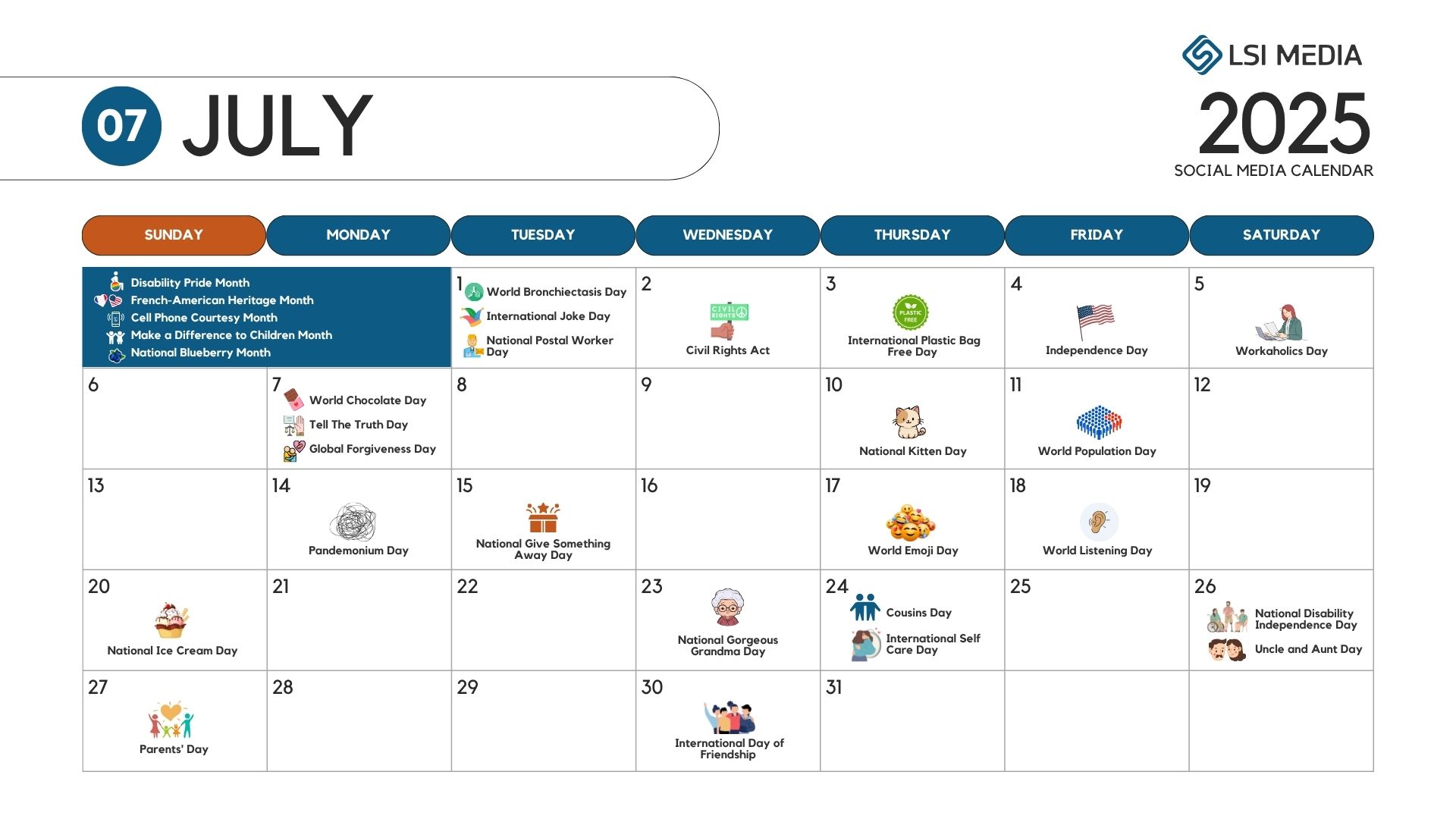 July – Social Media Content Calendar – Downloadable Social Media Content Calendar - Downloadable